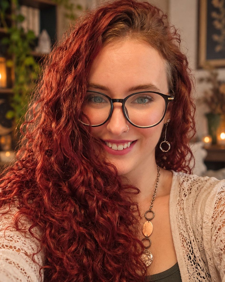 Amanda, the founder of Motherhood Multiplied, smiling, with long red curls and round glasses.