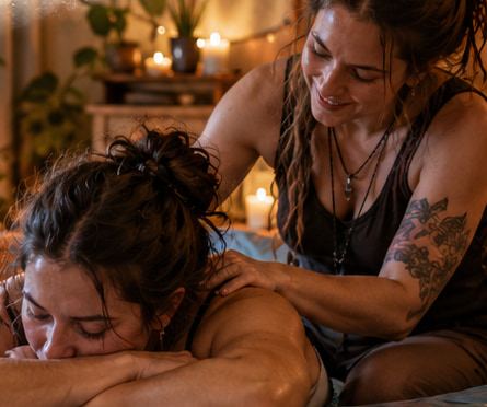 A doula massages the shoulders of a woman leaning forward on a bed at home, candles glowing behind them.