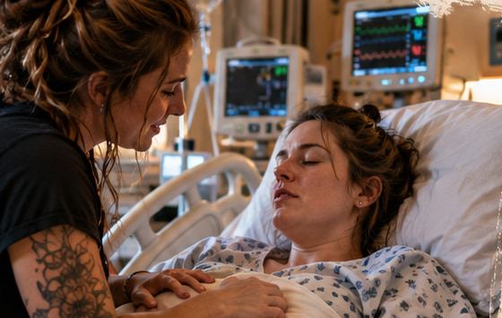 A doula sits at the bedside of a woman resting in a hospital bed, monitors behind them.