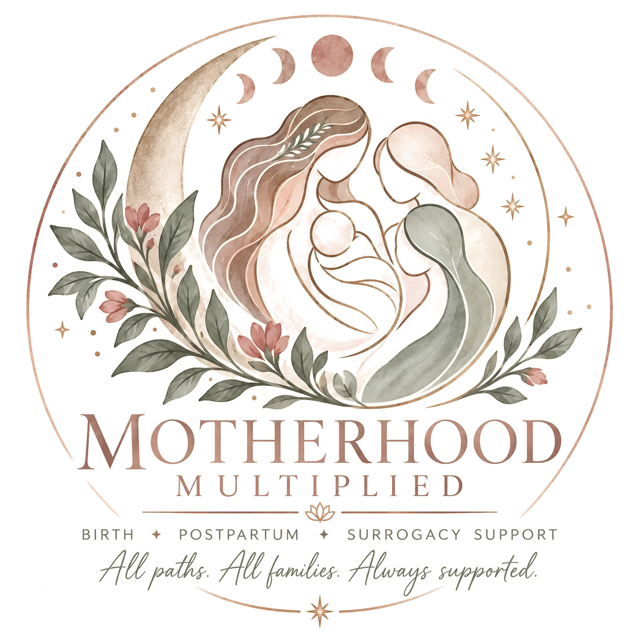 Motherhood Multiplied logo: two figures cradling a baby beneath a crescent moon and moon phases. Birth, postpartum and surrogacy support. All paths. All families. Always supported.