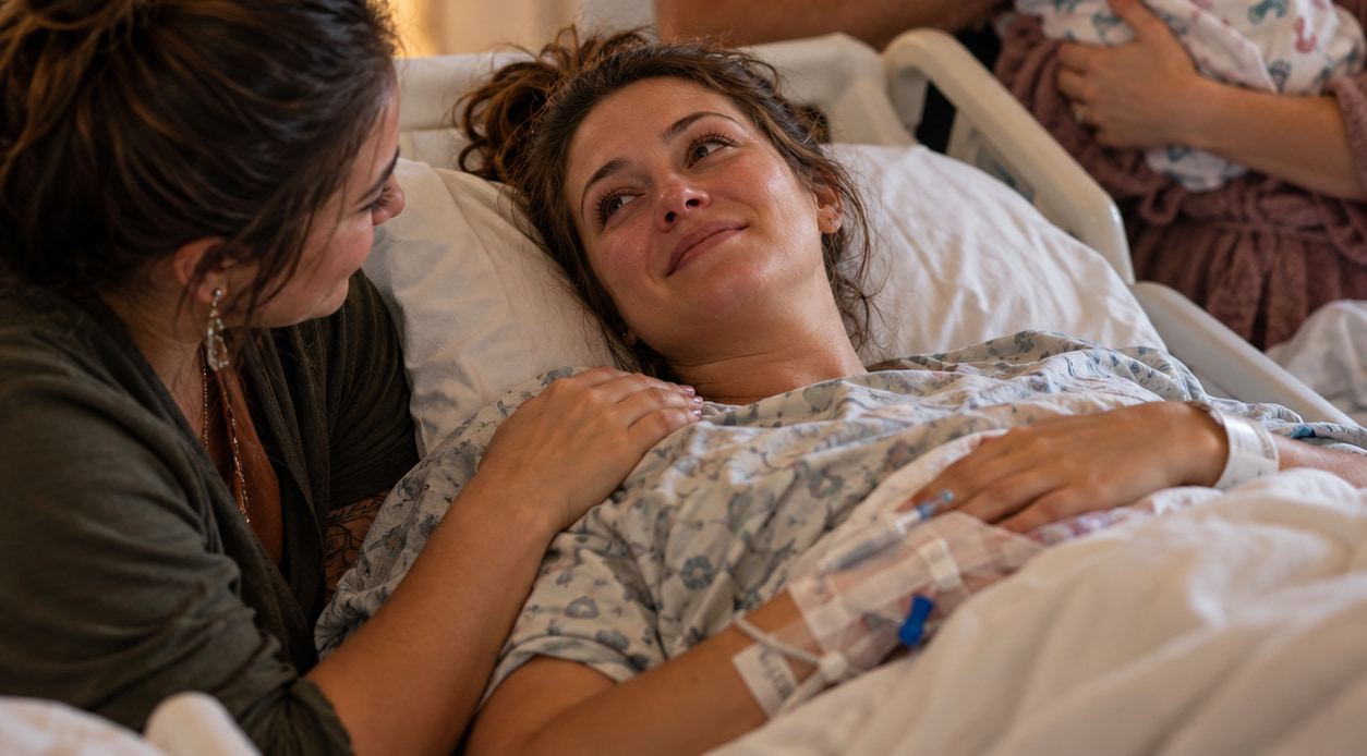 A surrogate smiles up at her doula from a hospital bed after delivery, while the new parents cradle their baby nearby.