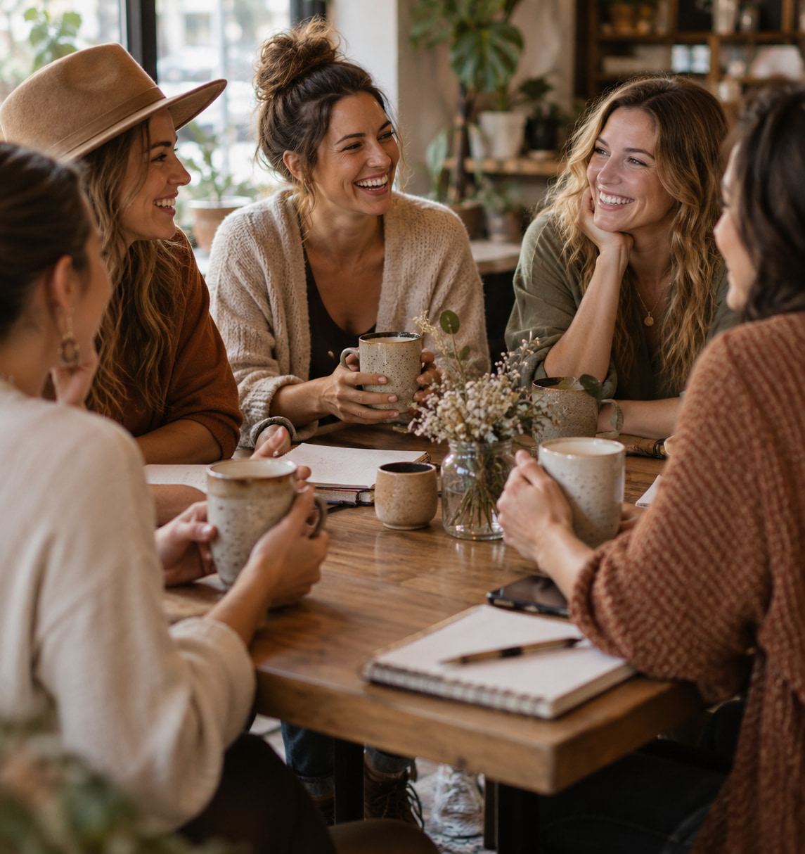 Five women laugh and talk around a café table, holding mugs of tea beside an open notebook.